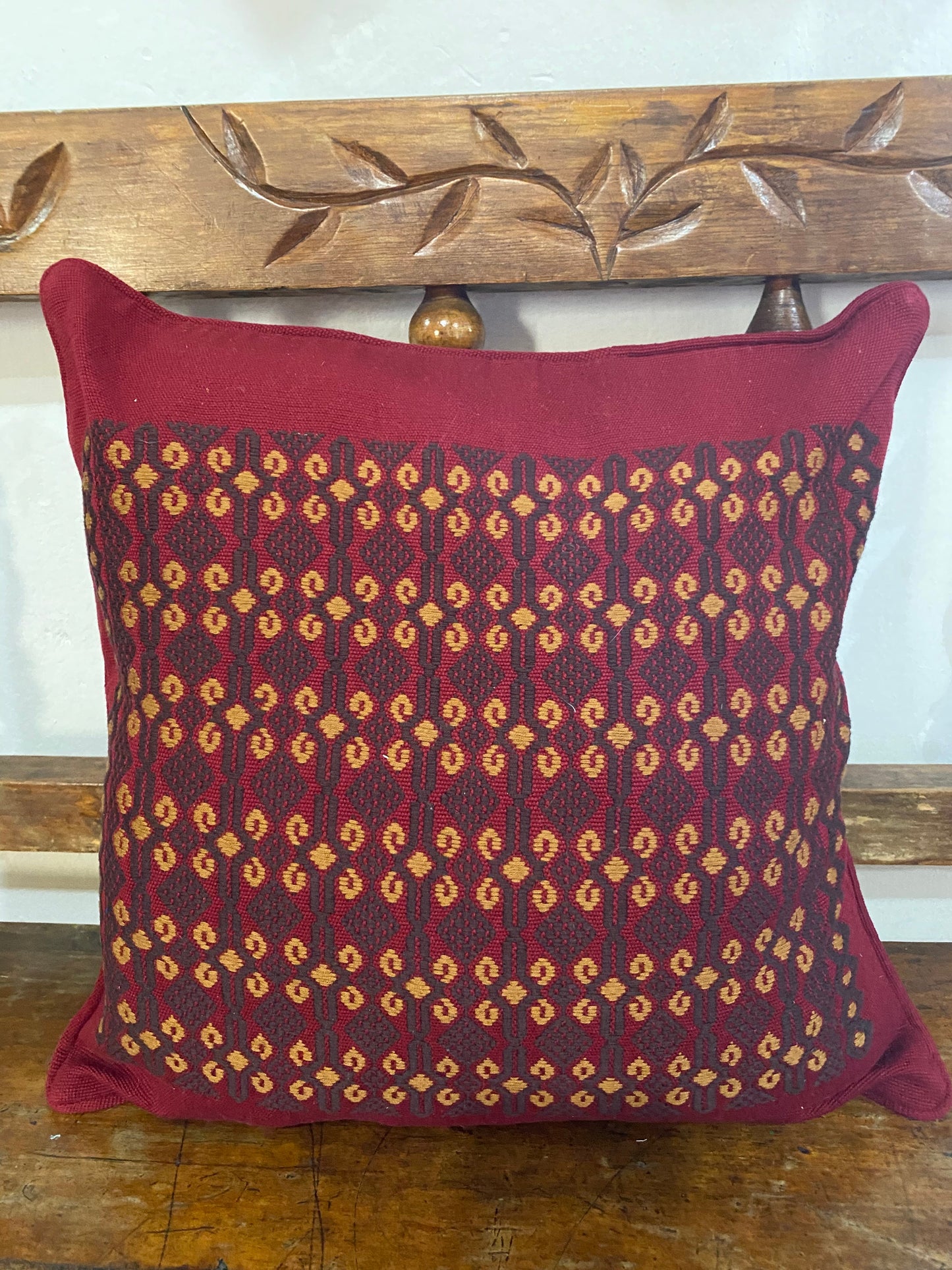 Handwoven Red Cushion Cover – Floral & Diamond Embroidery from Huehuetenango