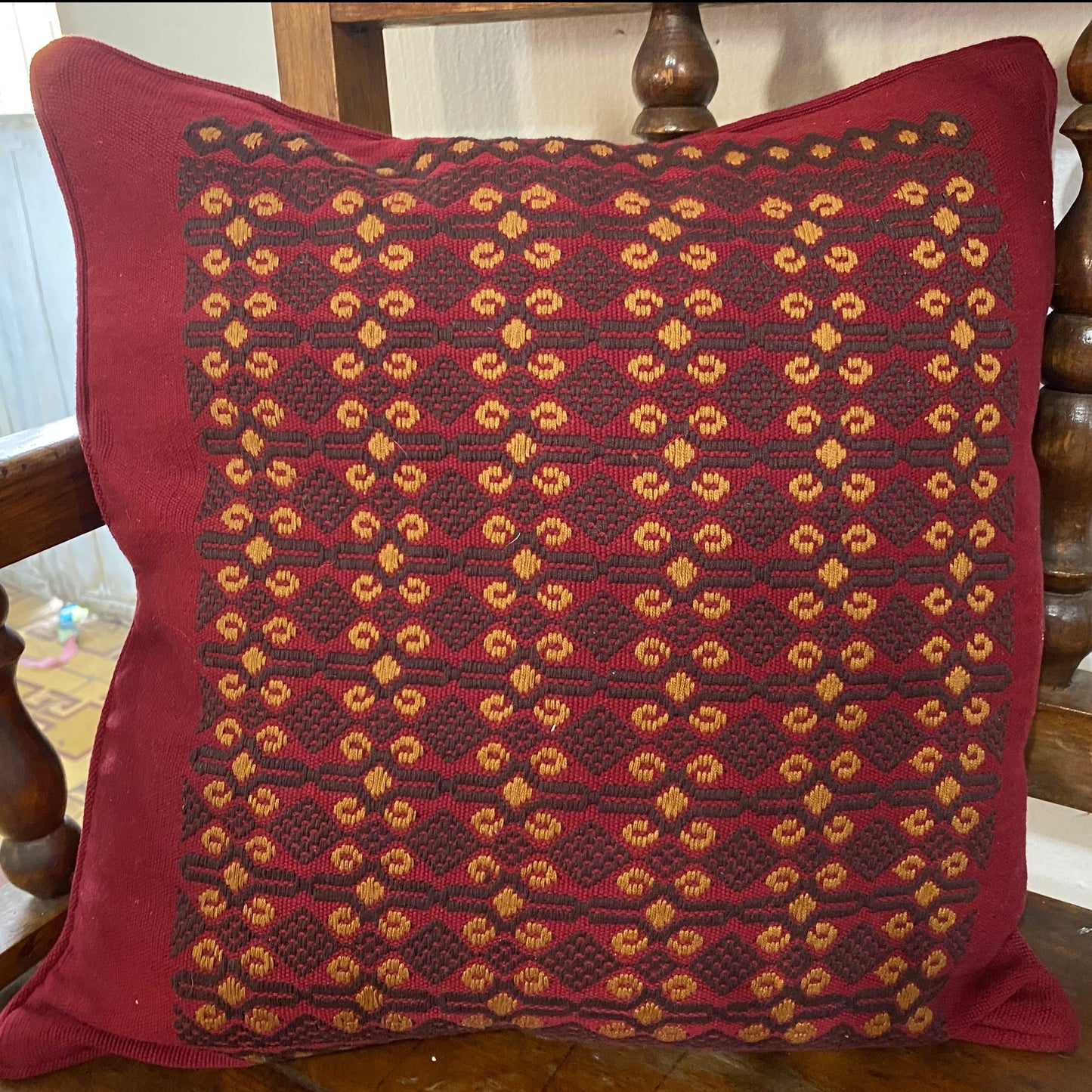 Handwoven Red Cushion Cover – Floral & Diamond Embroidery from Huehuetenango