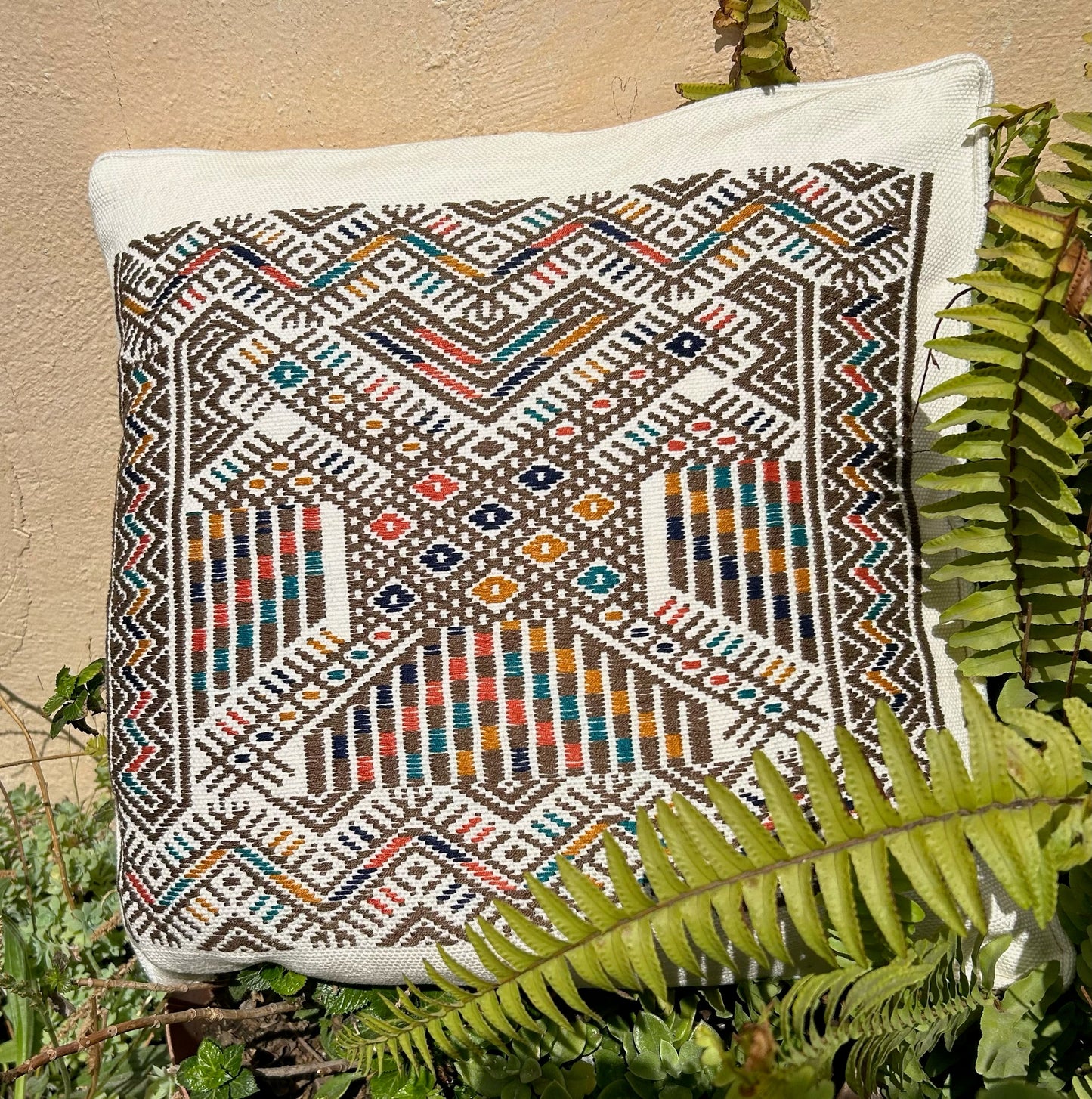 Handwoven White Cushion Cover with Colorful Mayan artistry